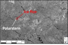 Polarstern at ice floe. Contains modified Copernicus Sentinel data (Photo: Christian Haas, Contains modifie; Courtesy of AWI 2019).