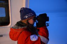 Katie Gavenu participating in Ice Watch aboard the Fedorov. Photo by Katy Human.