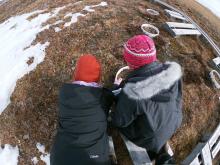 Hana Christoffersen and Mackenzie Lift look at the plants in a plot at the Barrow dry site.