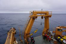 Sediment trap floats coming up on the winch of the Healy.