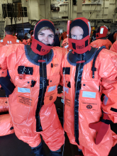 Piper Bartlett-Browne and Nicole Villeneuve in their immersion "gumby" suits.