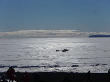 people walking down a hill towards sea ice and snow machines