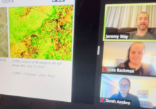 A zoom call with an image of a green field on the right, and Liza, Jeremy, and Sarah's heads on the left.