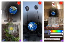 Three photos showing the IceBear app in use in a garden, in front of palm trees, and in front of a Christmas Tree. 