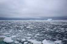 Sea ice and icebergs as far as the eye can see off the west coast of Antarctica