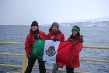 Protected Species Observers Lorena Figueroa, Yessica Vicencio, and Valeria Hernandez onboard the R/V Nathaniel B. Palmer icebreaker in the Southern Ocean