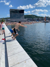 Xander and Mark diving into the water