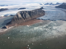 Aerial shot of Kronebreen Glacier and Collethøgda 2021