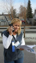 Anne Marie Wotkyns on satellite phone