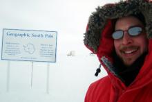 Selfie picture taken at the geographic South Pole.