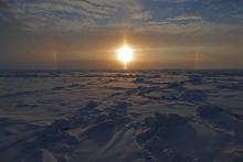 Halo arcs and pillars with low arctic sun