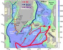 Map showing Irminger, East Greenland, and West Greenland Currents