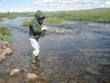 Collecting a water sample at the outlet of Lake I-8.