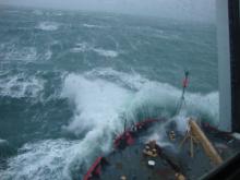 USCG Cutter Healy breaking through the Bering Sea waves