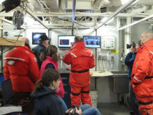 Everyone gathered around the computer monitor for the CTD data