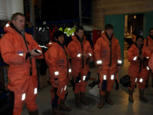 Trying on our Arctic water survival suit.