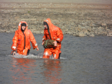 Wearing survival suits to retrieve data from the sensor