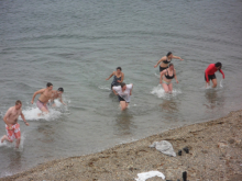 Everyone taking a dip in the ocean.