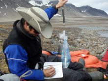 Jeremy weighing the salt for the river on fish hook.