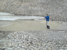 John pointing to the sinkhole