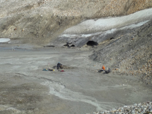 Lauren and Lukas digging in the karst lake delta.