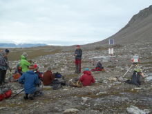 A complex permafrost monitoring site just below the cliffs. 