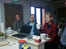 Tara, Carrie, and Stephanie enjoy teatime as Ken makes migas.