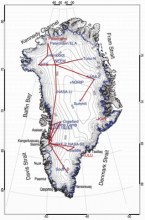 Map of Greenland showing planned routes for 2011 AWS traverse.