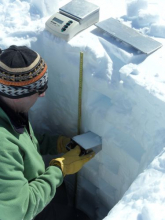 Conducting density measurements in snow pit.