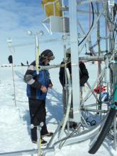 Koni and Simon working on instruments mounted on the Swiss Tower