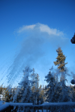 A cloud of boiling water that has changed into snow