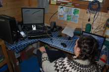 Elizabeth attending the lab meeting at her computer