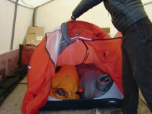 Seth and Brad checking out tent and sleeping bags.  Everything gets tested.