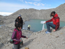 Maria, Sylvia, and Tina collect moraine samples