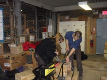 Here Brenda and Gordon are banding rock boxes.  You can see our "cage" in the ba