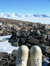 View from Mt. Kyffin with my bunny boots in the foreground.