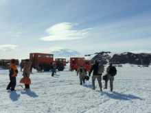 Disembarking the plane in Antarctica.