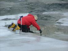 Sampling the lake at the base of Mt. Hope