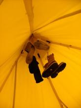 Items drying at the top of a Scott Tent.