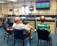 While close to Puerto Rico on Sunday, Marisa (in photo) was   able to pick up Sunday football with her cell phone and display it on   one of the big monitors in the main lab.