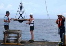 Van Veen:  The first Van Veen grab goes over the fantail. September 2014.  Photo courtesy of Dr. Carin Ashjian.