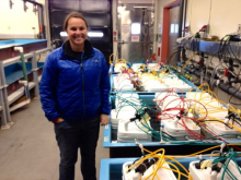 Animal physiologist  Britt Bjelde with the experiemental aquarium.