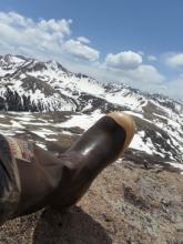 My left XTraTuff boot poses at 13,250 feet above sea level after passing the Ind