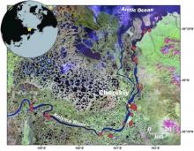 This satellite image of the Kolyma River Basin near Cherskiy shows the vast numb