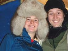 Dylan (left) and Lindsey sport winter fur hats at Pleistocene Park