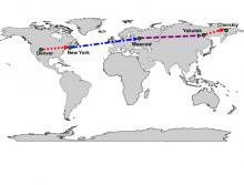 This map depicts the four flights from Denver, Colorado to Cherskiy, Russia