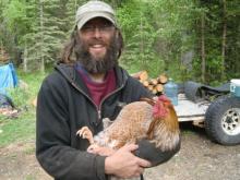 Jed about to introduce the new rooster to the flock