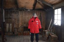 Michelle inside Discovery Hut