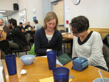 Michelle and Susan discuss the food list.