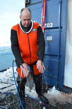 Steve Rupp demonstrating the water flow in his suit